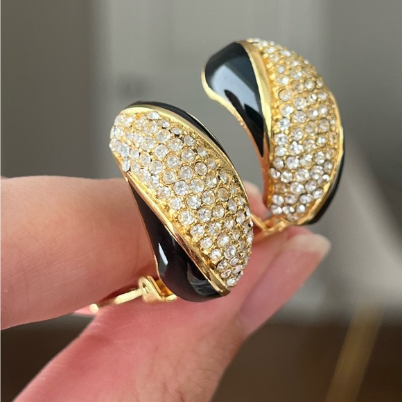Vintage Christian Dior Rhinestone Pavé Black Enamel Thin Gold Hoop Clip Earrings - Picture 2 of 10